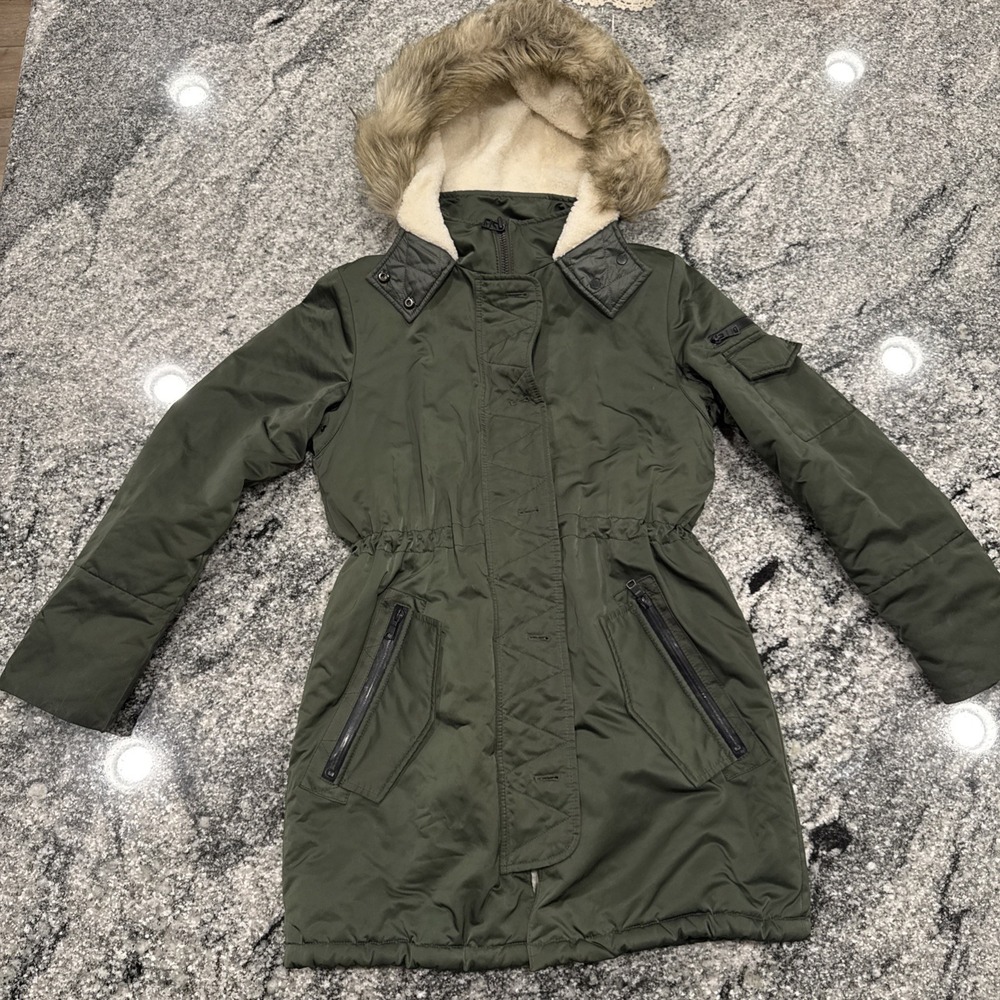 Banana Republic Faux Fur Hood Parka‎ Forest Pine Size XS Excellent Condition